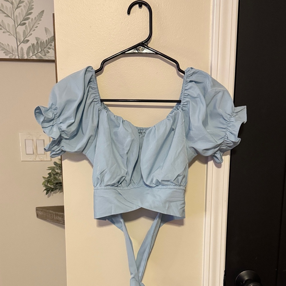 Sky Blue Puff Sleeve Crop Top